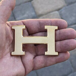 Authentic HERMES Gold Permabrass Guilloche H Metal Belt Buckle (excellent)